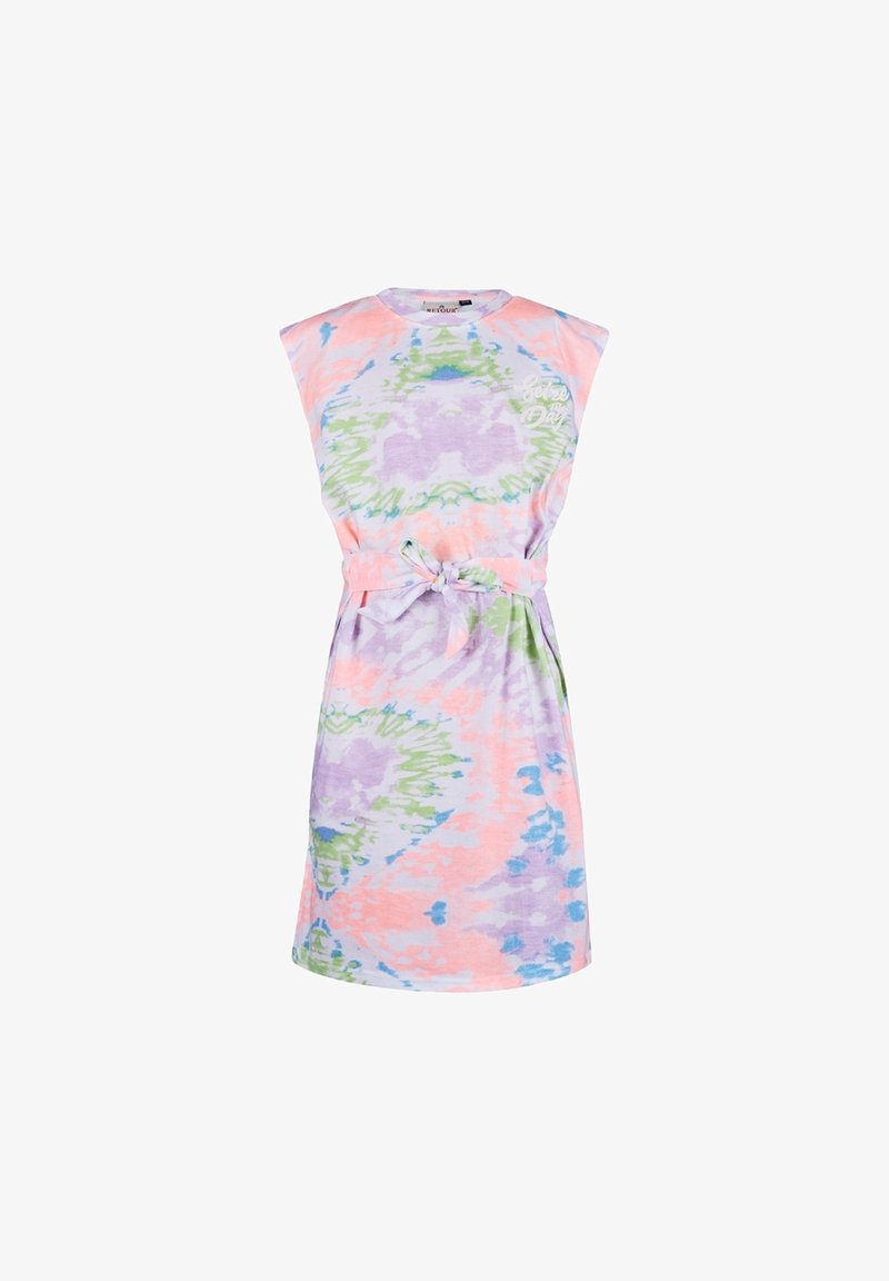 Bawełniana sukienka tie-dye w pastelowych kolorach, z okrągłym dekoltem, krótkimi rękawami i materiałowym paskiem w talii, który umożliwia regulację dopasowania.