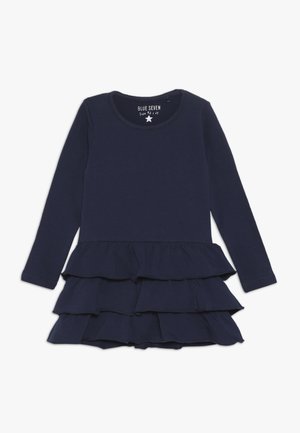 Robe bleu marine à manches longues avec trois volants superposés sur la jupe, encolure ronde et tissu doux décontracté.