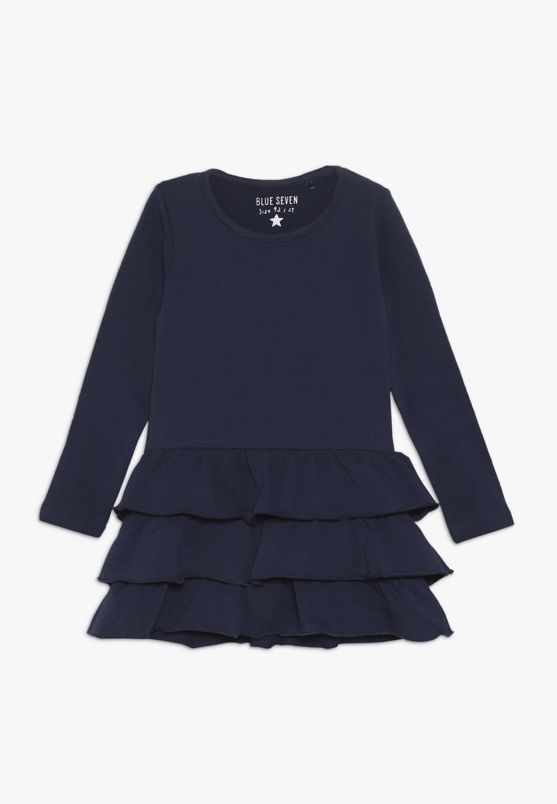Robe bleu marine à manches longues avec trois volants superposés sur la jupe, encolure ronde et tissu doux décontracté.