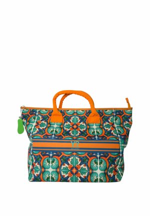 Borsa a tracolla colorata con manici e cerniera arancioni, con motivo floreale a piastrelle verde, blu e arancione e tiralampo verde.