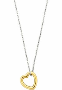 Herzförmige Anhänger-Kette mit goldener Umrandung an einer silbernen Kette, die glatte Texturen und ein poliertes Finish präsentiert.