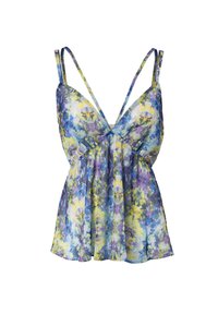 Top sin mangas ligero con estampado floral, con un cuerpo ajustado y un dobladillo acampanado. Presenta tirantes delgados y ajustables en tonos de azul y amarillo.