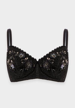Lingerie noire avec broderie florale et accents de perles, avec un design en dentelle, des bords festonnés et des bretelles réglables.