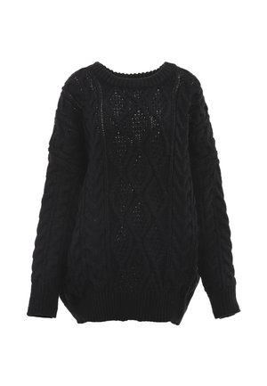 Sort kabelstrikket sweater med rund hals, lange ærmer og teksturerede diamantmønstre over det hele. Ribbede kanter og manchetter.