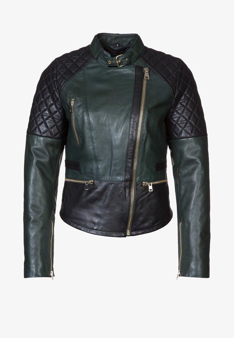 Green leather jacket with black quilted shoulders, asymmetrical zipper, and two zippered pockets; smooth finish, tailored fit.