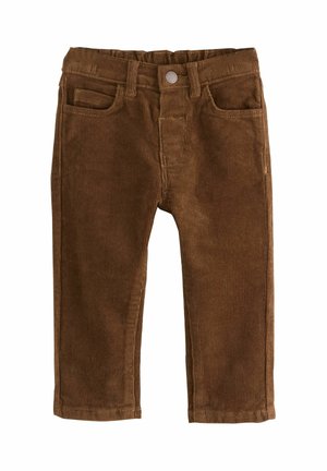 Braune Cord-Hosen mit einer strukturierten Ripp-Oberfläche, ausgestattet mit einem Bund mit Gürtelschlaufen, zwei Vordertaschen und geraden Beinen.