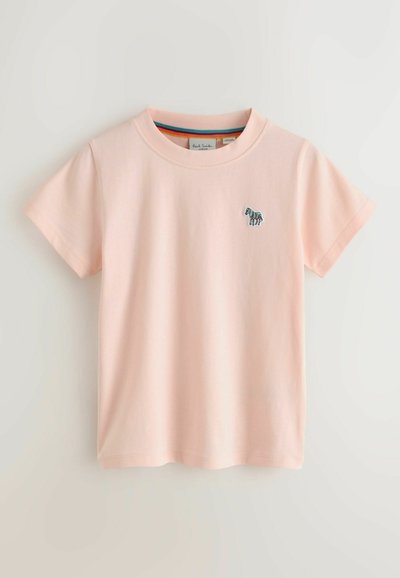 T-shirt rosa chiaro a maniche corte con collo rotondo e piccolo logo zebra a strisce multicolore sul lato sinistro del petto.