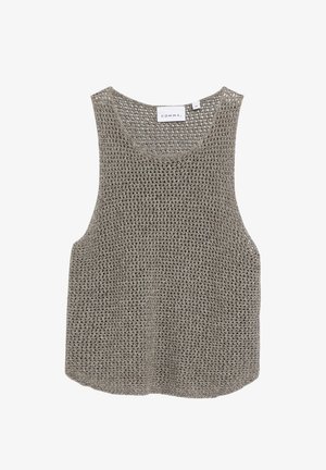 Sleeveless brown crochet knit tank top with scoop neckline and brand label "COMMA," inside collar.