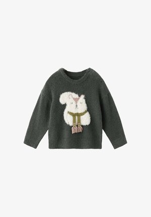 Zielony sweter z dzianiny z długimi rękawami i okrągłym dekoltem, zdobiony puszystym białym wzorem zwierzęcia z zielonym szalikiem i chwostami.