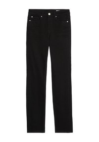 Schwarze Jeans aus Denim mit einer enganliegenden Passform, ausgestattet mit fünf Taschen, einem Knopfverschluss und dezenten Stickdetails entlang der Nähte.