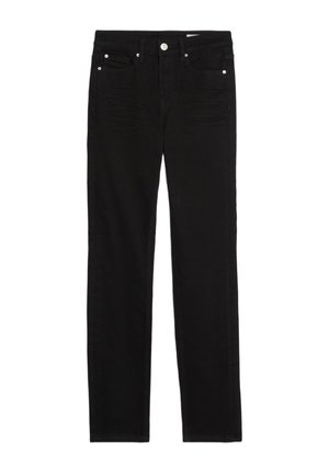 Black denim jeans with a fitted design, featuring five pockets, a button closure, and subtle stitching details along the seams.