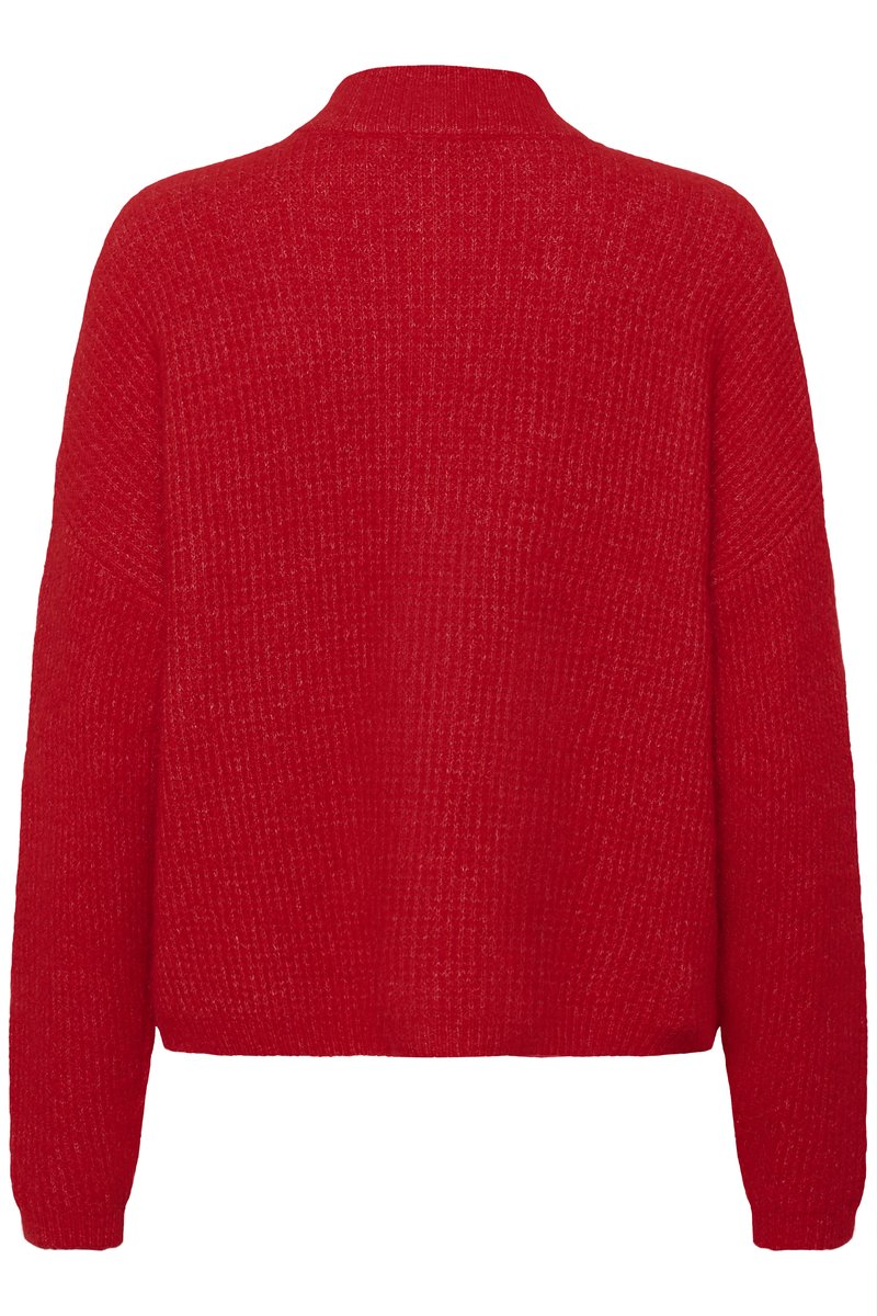 Pull en maille rouge à manches longues avec texture côtelée et col rond haut, vu de dos.