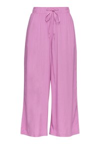 Pantalon lilas à jambes larges avec taille élastique et lien à nouer devant, confectionné dans un tissu léger pour un usage quotidien.