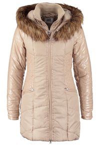Cappotto imbottito beige con cappuccio, dotato di una finitura in pelliccia sintetica, design a righe verticali, due tasche anteriori con zip e chiusura frontale con zip completa.
