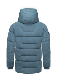 Blue puffer jacket with a hood, featuring a quilted design, elastic cuffs, and a zippered arm pocket. Smooth texture and mid-length cut.