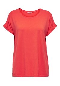 Tričko s krátkým rukávem a kulatým výstřihem v jasně korálové barvě, vyrobené z měkké, elastické tkaniny s ohrnutými manžetami a volnějším střihem.