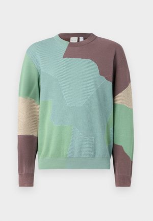 Strickpullover mit einem geometrischen Patchwork-Design in Mintgrün, Braun und Beige. Rundhalsausschnitt und lange Ärmel. Strukturiert Oberfläche.