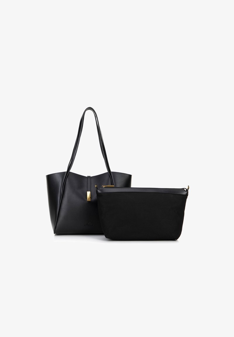 Czarna skórzana torba typu tote z długimi uchwytami i złotymi elementami, w komplecie z mniejszą czarną kieszonką zapinaną na zamek. Gładka tekstura, minimalistyczny design.