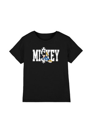Schwarzes T-Shirt mit dem Text "MICKEY", mit Mickey Maus, der Fußball spielt und einen Fußball auf dem Buchstaben "I" balanciert.
