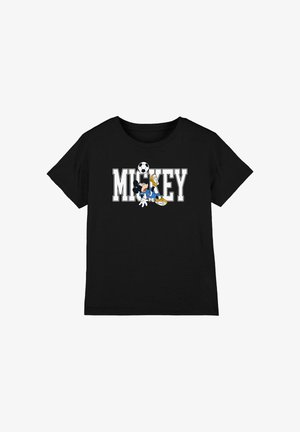 Black T-shirt with "MICKEY" text, featuring Mickey Mouse playing soccer and balancing a soccer ball on the letter "I".