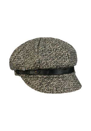 Gray and black herringbone newsboy cap with a short brim and a black leather band around the base.