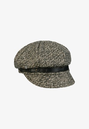 Gray and black herringbone newsboy cap with a short brim and a black leather band around the base.