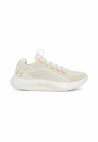 Chaussures de sport beiges avec un dessus en tricot texturé, des lacets élastiques et une semelle blanche flexible. Arbore un logo Under Armour en doré.