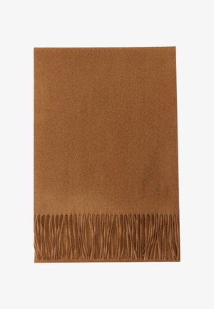 Weicher brauner rechteckiger Schal mit langen Fransen an einer kurzen Kante, hergestellt aus glattem Stoff.