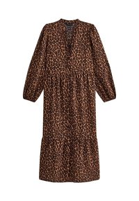 Mekko, jossa on leopardikuvio, pitkät hihat, syvä V-pääntie, keskitetty vyötärö ja kerrostettu helma. Kangas on sileä ja kevyt.