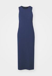 Sukienka bez rękawów, sięgająca do podłogi, dopasowana, w kolorze granatowym, z okrągłym dekoltem, wyeksponowana na białym tle.