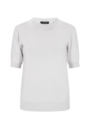 Lys grå kortærmet sweater med rund hals, tekstureret strikstof, ribbede manchetter og kant. Etiket viser "ushq" branding.