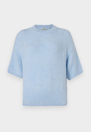 Himmelblaues gestricktes Kurzarm-Pullover mit Rundhalsausschnitt. Bietet eine weiche Textur und eine lockere Passform, mit Rippdetails am Kragen und den Bündchen.