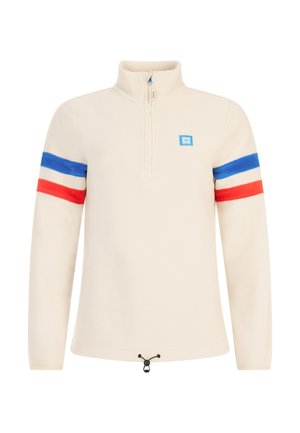 Cremfarbener Fleece-Pullover mit Viertelreißverschluss, der blaue, rote und weiße Streifen an den Ärmeln sowie einen Kordelzug am Saum aufweist.