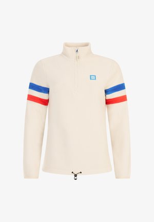 Sudadera de forro polar crema con media cremallera, presenta rayas azules, rojas y blancas en las mangas y un cordón en el dobladillo.