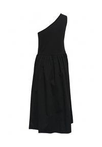 Svart one-shoulder klänning med en åtsittande överdel och en voluminös kjol. Tillverkad av slät tyg med mattyta.