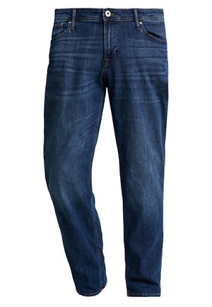 Dark blue denim jeans with a straight fit, featuring a front button closure, five-pocket design, and slight distressing details.