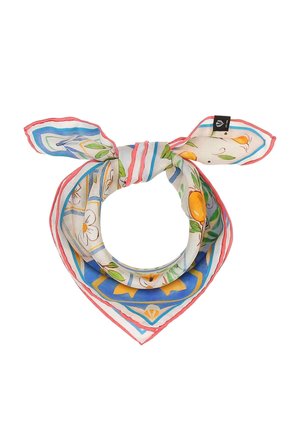 Square silk scarf with floral and fruit patterns in blue, orange, green, and red, tied in a loose knot.