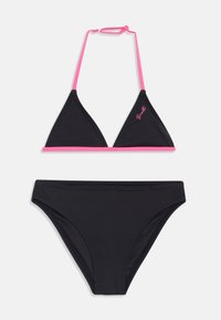 Black bikini set featuring a triangle top with pink trim and adjustable straps, and a matching bottom with seamless design.