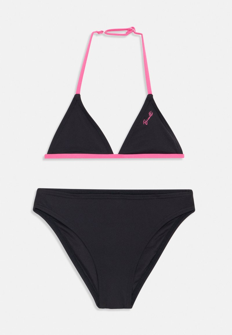 Svart bikini-set med en triangelöverdel med rosa kant och justerbara band, samt en matchande botten med sömlöst design.