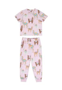 Light pink cotton pajama set featuring short-sleeve top and tapered pants, adorned with colorful llama patterns and decorative accents.