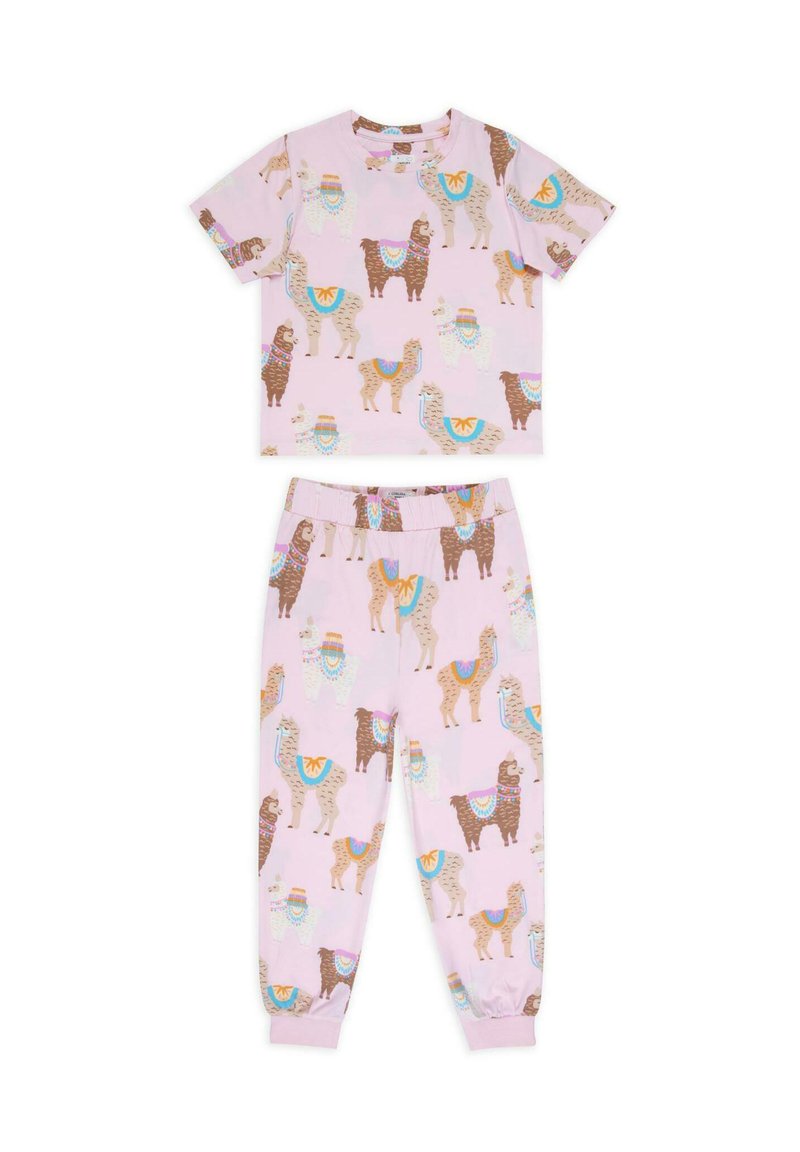 Light pink cotton pajama set featuring short-sleeve top and tapered pants, adorned with colorful llama patterns and decorative accents.