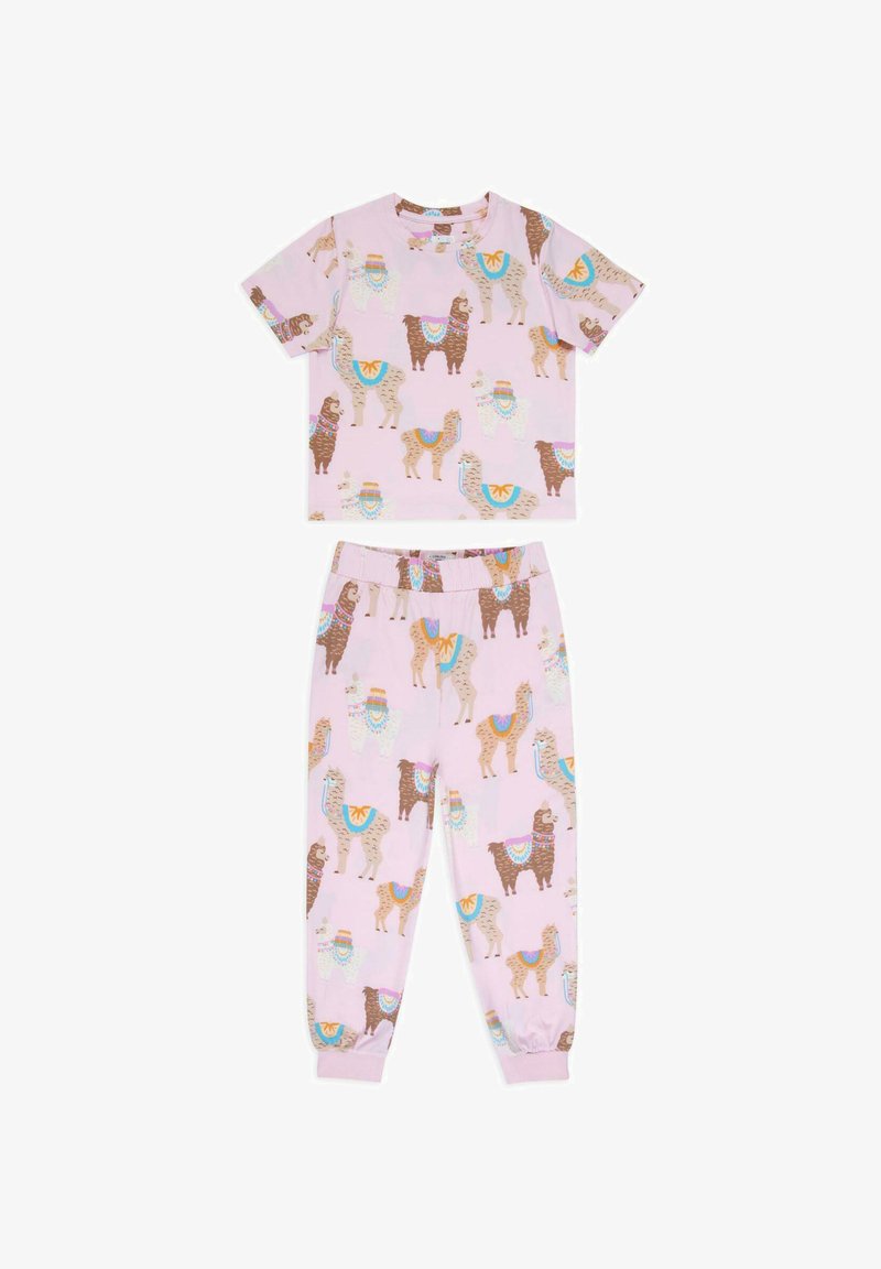 Light pink cotton pajama set featuring short-sleeve top and tapered pants, adorned with colorful llama patterns and decorative accents.