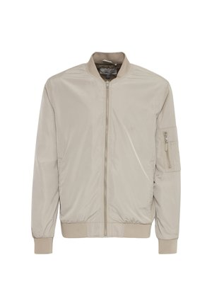 Beige bomber jacket with a smooth texture, zip front closure, ribbed cuffs and hem, and a zippered pocket on the left sleeve.