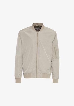 Beige bomber jacket with a smooth texture, zip front closure, ribbed cuffs and hem, and a zippered pocket on the left sleeve.