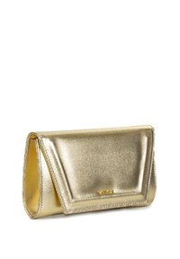 Borsa a pochette in oro metallizzato con design a busta, caratterizzata da una texture liscia e una leggera lucentezza. Linee semplici e eleganti con hardware lucido.