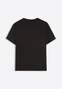 Plain black short-sleeve t-shirt laid flat showing the back with a round neckline and regular fit.