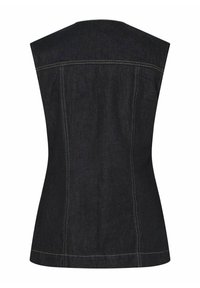 Svart denim utan ärmar med synlig gul söm, figurnära design och hög halsringning. Ren baksida utan ytterligare detaljer.