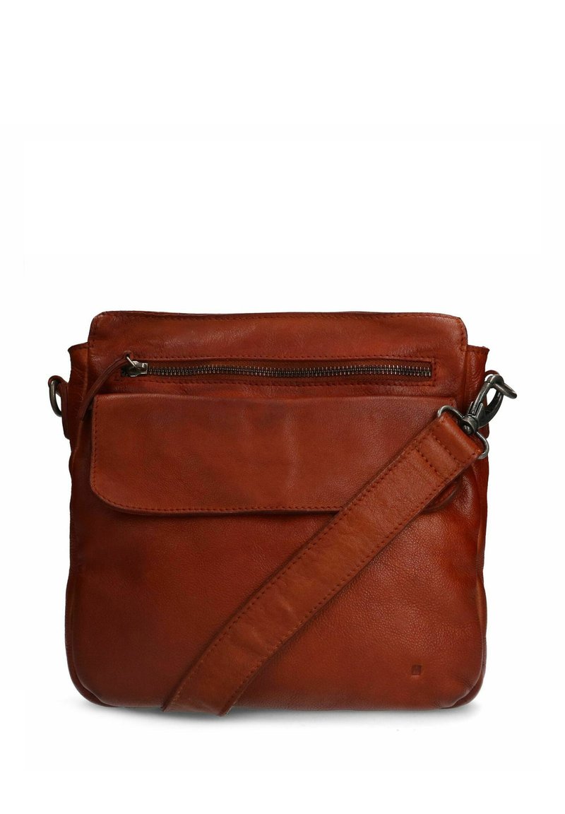 Bruine leren schoudertas met een voorvak met rits, een omvouwbare flap en een gestructureerde afwerking met verstelbare schouderband.