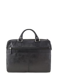 Valigia nera in pelle con doppi manici, tasca frontale con zip e texture liscia. Presenta cuciture sottili e un design elegante.