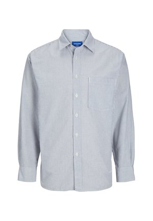 Blue and white striped long-sleeve button-up shirt, featuring a classic collar and a chest pocket. Made from lightweight fabric.